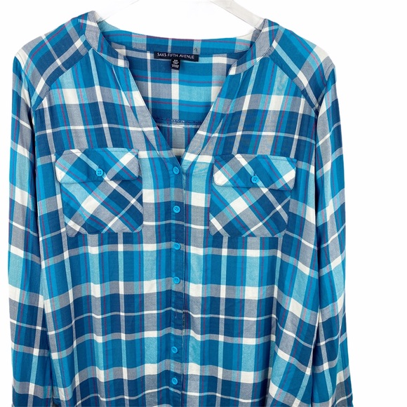 Sak’s Fifth Avenue Plaid Peasant Blouse Button Med - Picture 2 of 5
